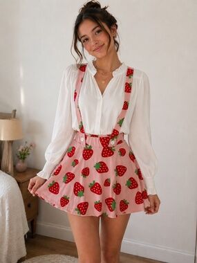 Midnight Hour Strawberry Print Suspender Skirt Pink Cottagecore Size S